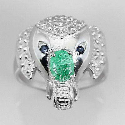 Bild 1 von 925 Silber Elefantenkopf Ring mit echtem Sambia Smaragd  GR 56 (Ø 17,8 mm)