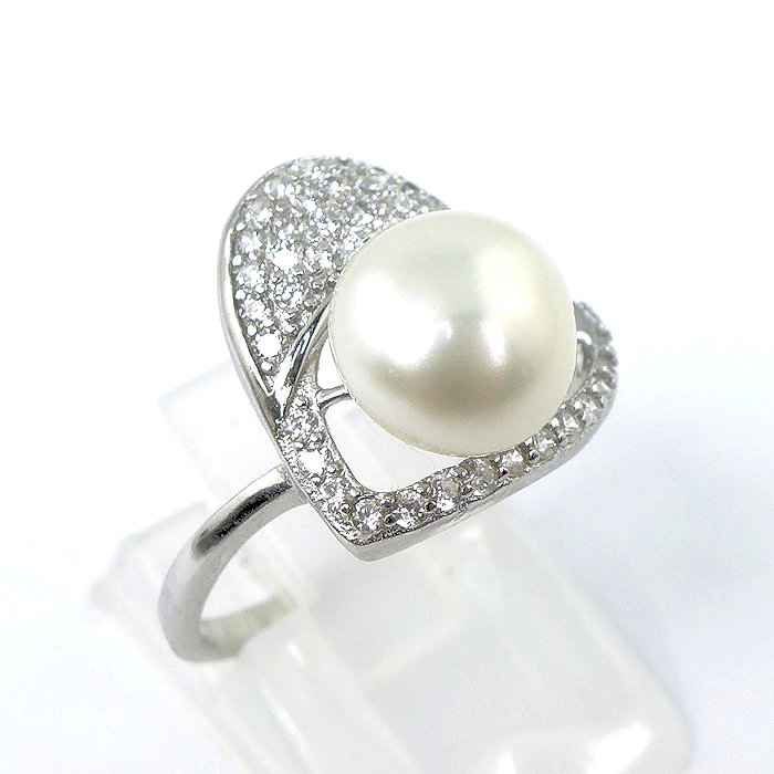 Bild 1 von 925 Silver Heart Design Ring with China Cultured Pearl, Size 7,5 (Ø 17.5 mm)