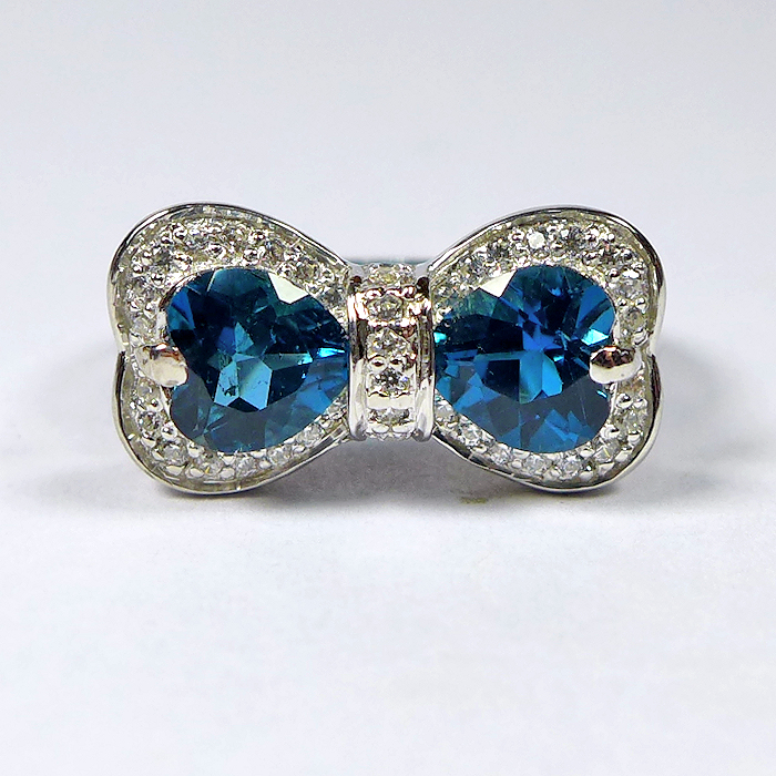 Bild 1 von Noble 925 Silver Ring with 2 London Blue Topaz Hearts, SZ 6 (Ø 16.5 mm)