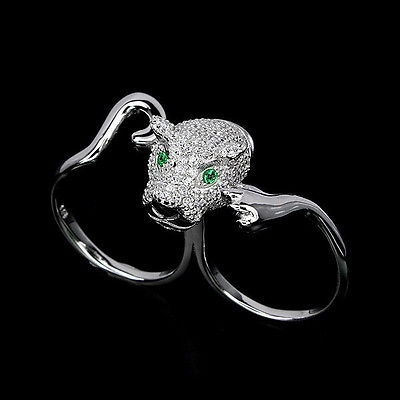Bild 1 von 925 Silber 2 Finger Tiger Ring mit grünen & weißen CZ,  GR 56