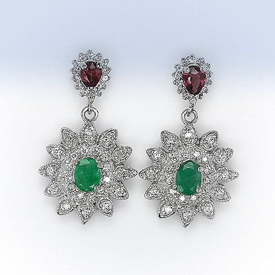 Bild 1 von Edles Paar 925 Silber Ohrstecker mit echten Smaragd & Granat Edelsteinen,10,7 Gr