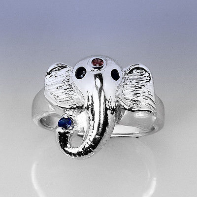 Bild 1 von 925 Silber Elefantenkopf Ring mit echtem Tansania Saphir GR 54,5 (Ø 17,5 mm)