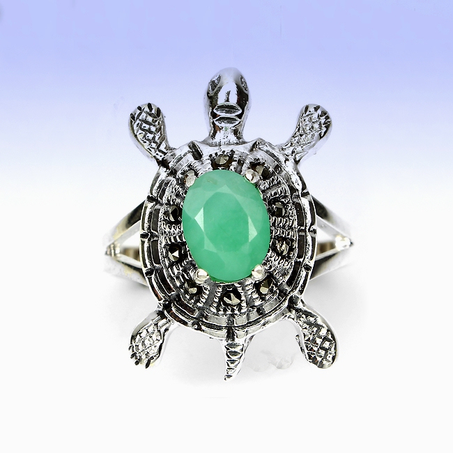 Bild 1 von Toller 925 Silber Frosch Ring mit echten Smaragd & Markasit  GR 56,5 (Ø 18 mm)