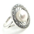925 Silver Ring with China Pearl & Vietnam Marcasite SZ 8 (Ø18mm)