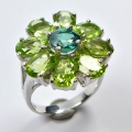 925 Silver Flower Ring with genuine Peridot & Topaz Gemstones, SZ 7 (Ø 17.5 mm)