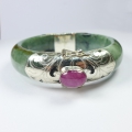 Heavy Natural 925 Silver Jade Bangle with Cabochon Ruby, Ø 55 mm
